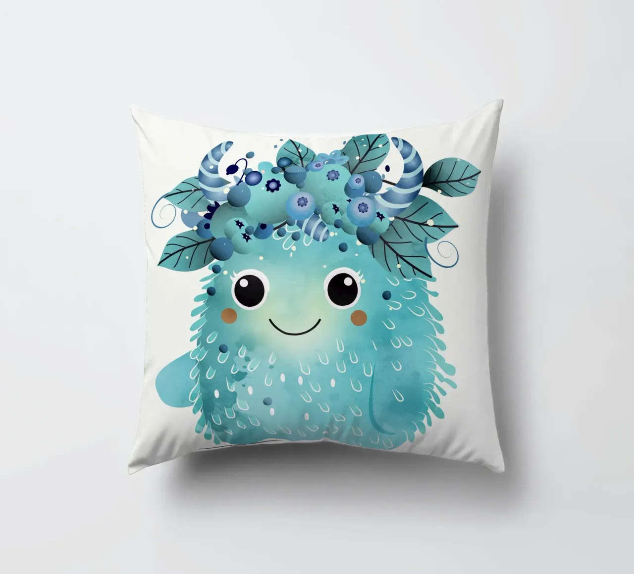 Cheerful blueberry monster with a wreath of berries decorative cushion by namosh