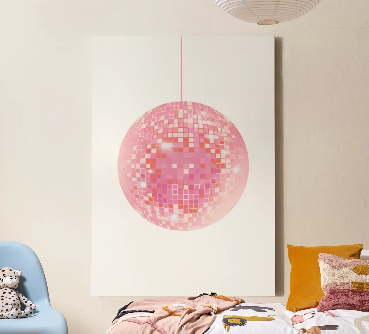 Roze Retro Disco Bal, Preppy Muurkunst, Roze Poster canvas met Baklijst van PrintStudio