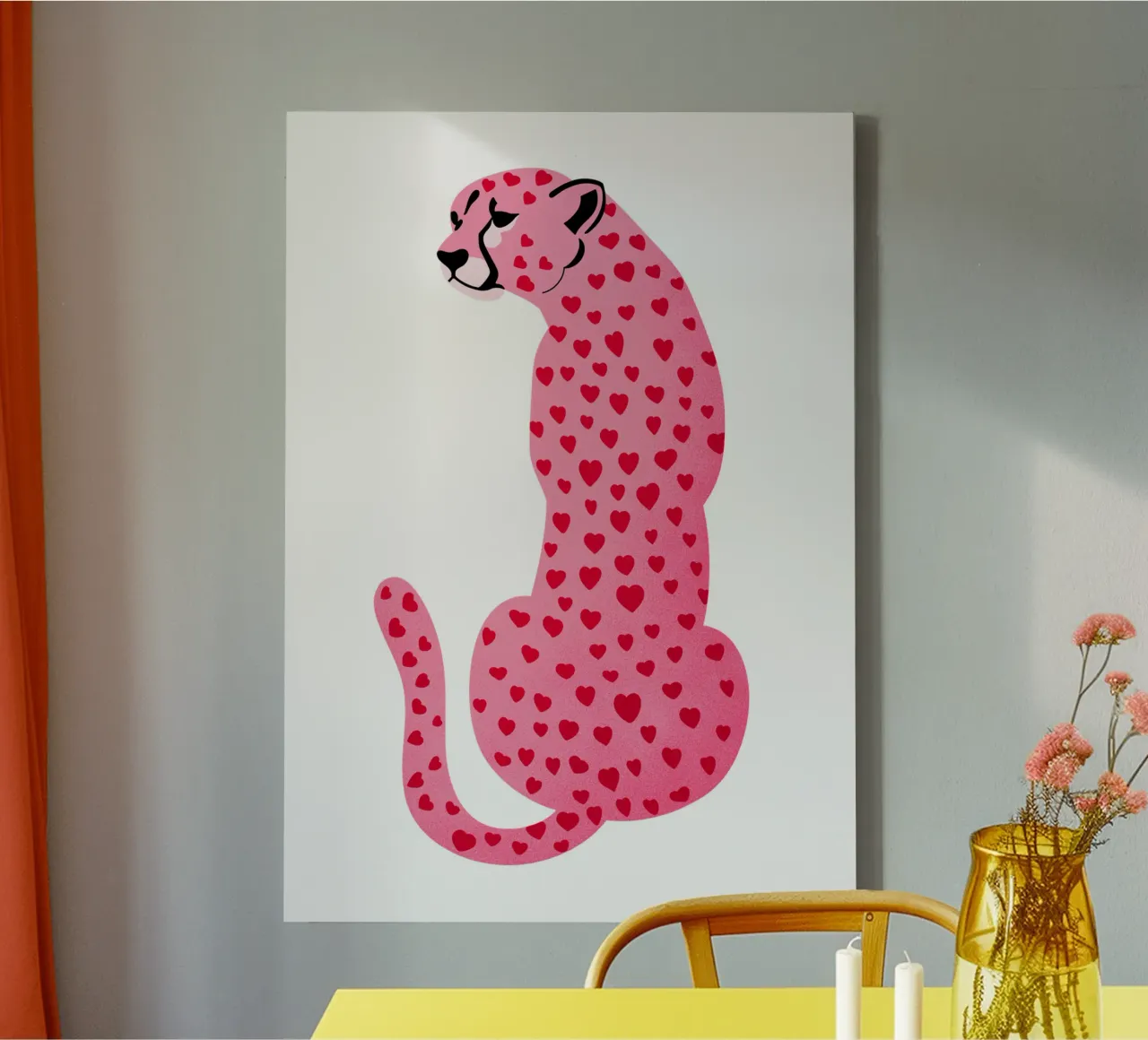 Leopardo rosa, cuore d'amore, arte da parete rosa, decorazione per ambienti carini tela con Cornice a cassetta da PrintStudio