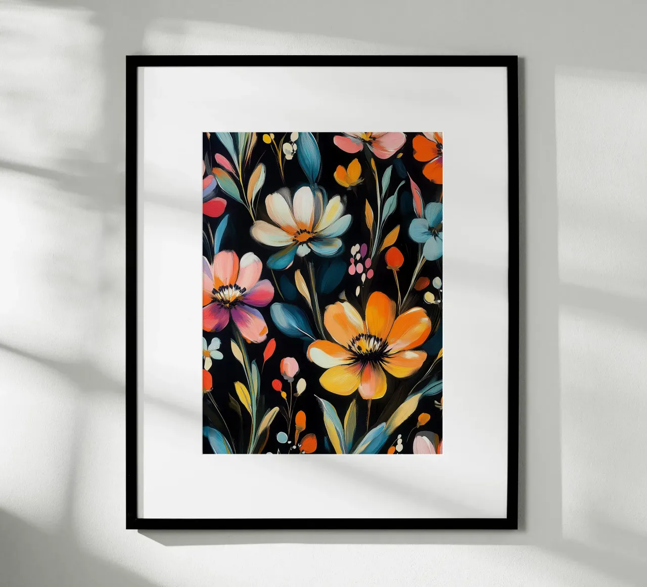 Blumensplitter auf schwarzem Hintergrund Poster von Flora & Horizon
