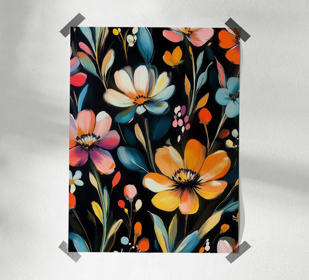 Blumensplitter auf schwarzem Hintergrund Poster von Flora & Horizon