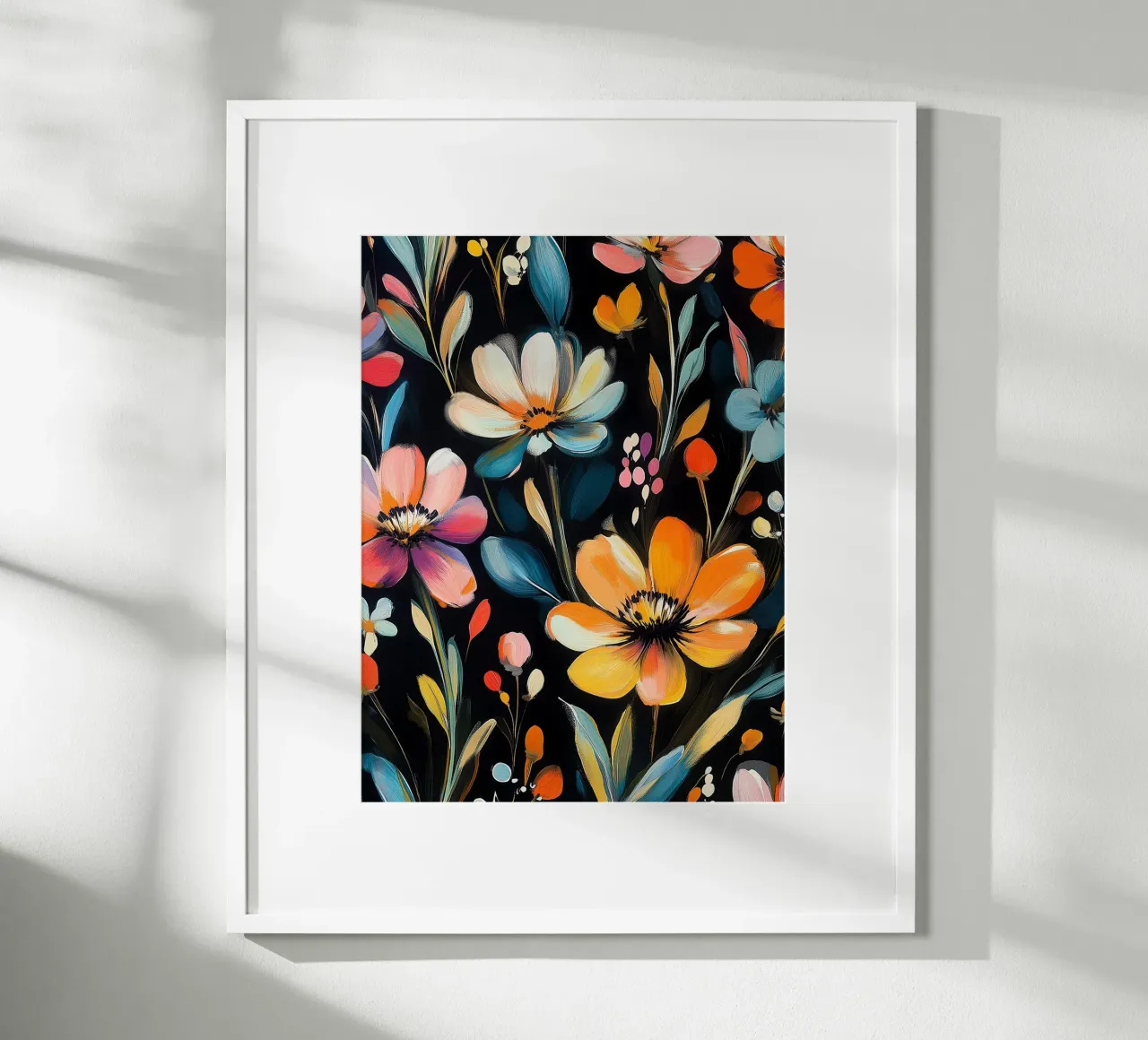 Blumensplitter auf schwarzem Hintergrund Poster von Flora & Horizon