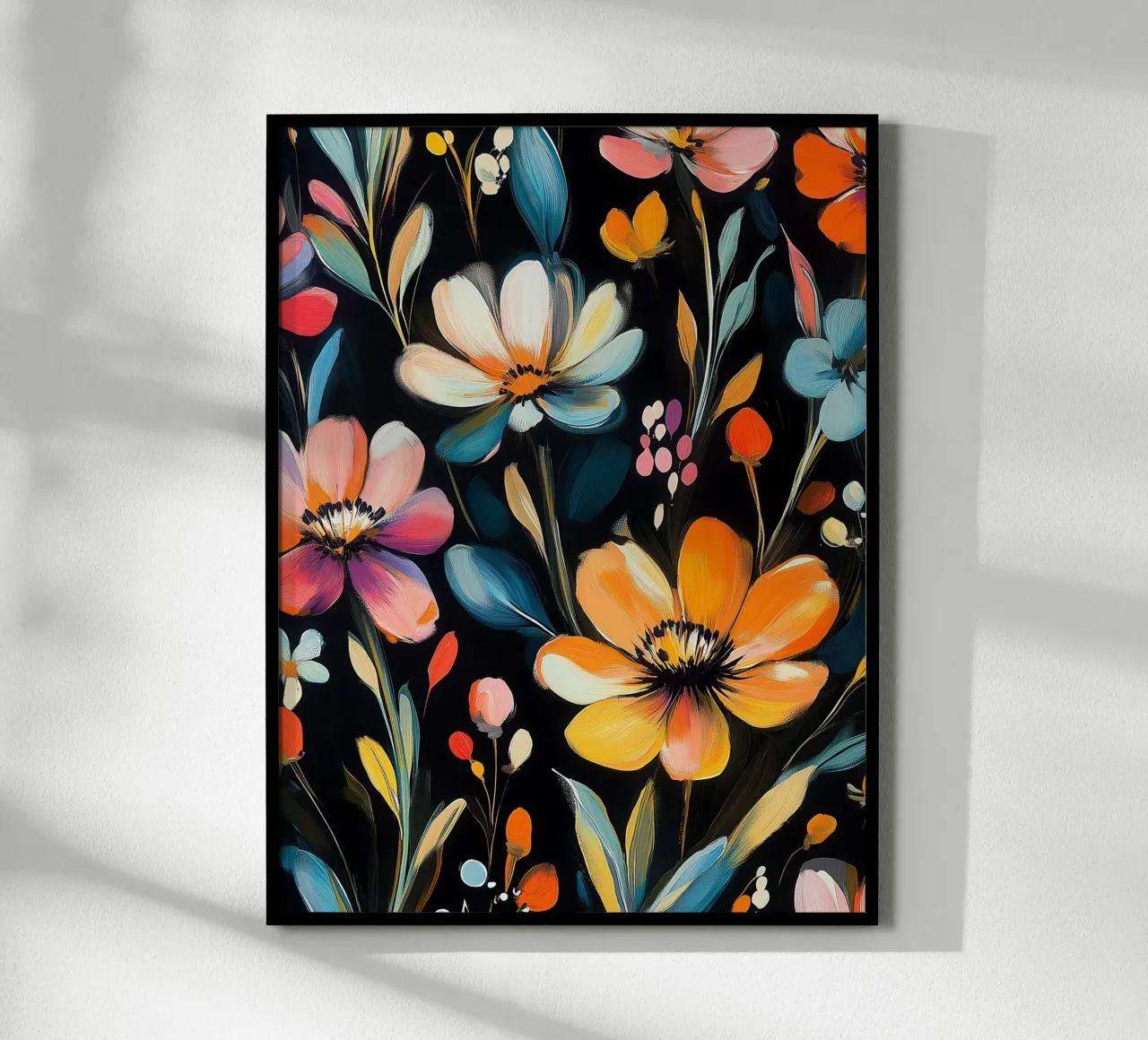 Blumensplitter auf schwarzem Hintergrund Poster von Flora & Horizon
