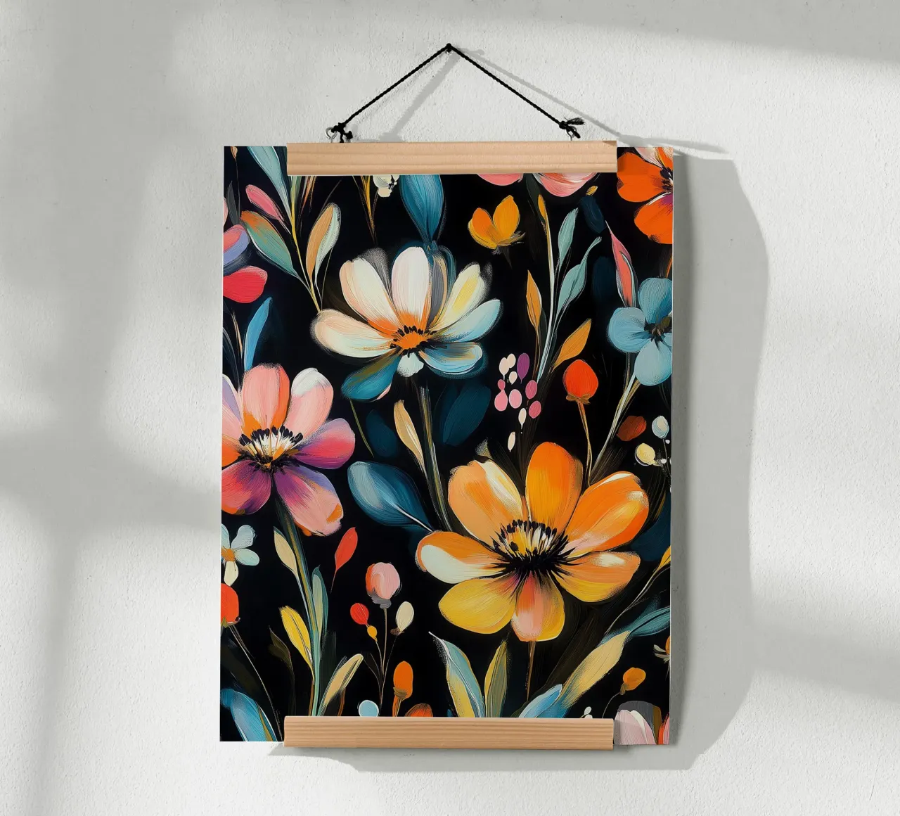 Blumensplitter auf schwarzem Hintergrund Poster von Flora & Horizon