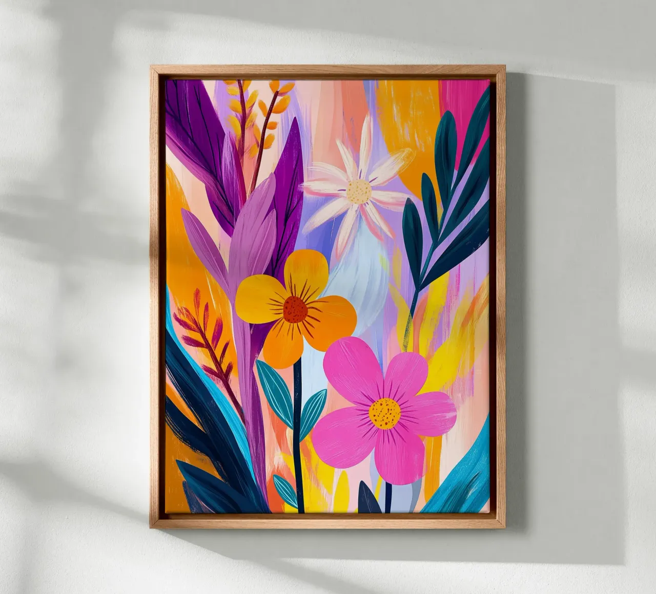 Abstracte bloemenexplosie canvas met Baklijst van Flora & Horizon