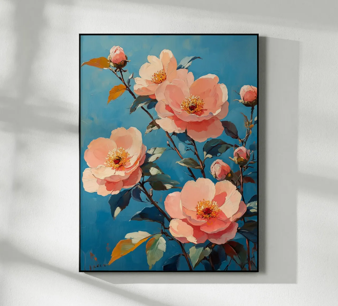 Fiori rosa su sfondo blu plexiglass da Flora & Horizon