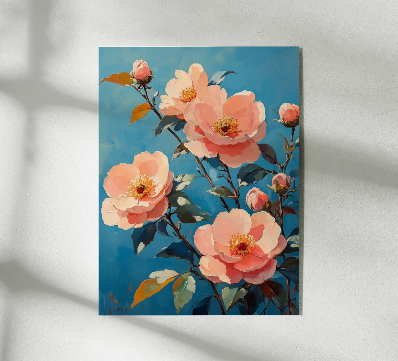 Fiori rosa su sfondo blu plexiglass da Flora & Horizon