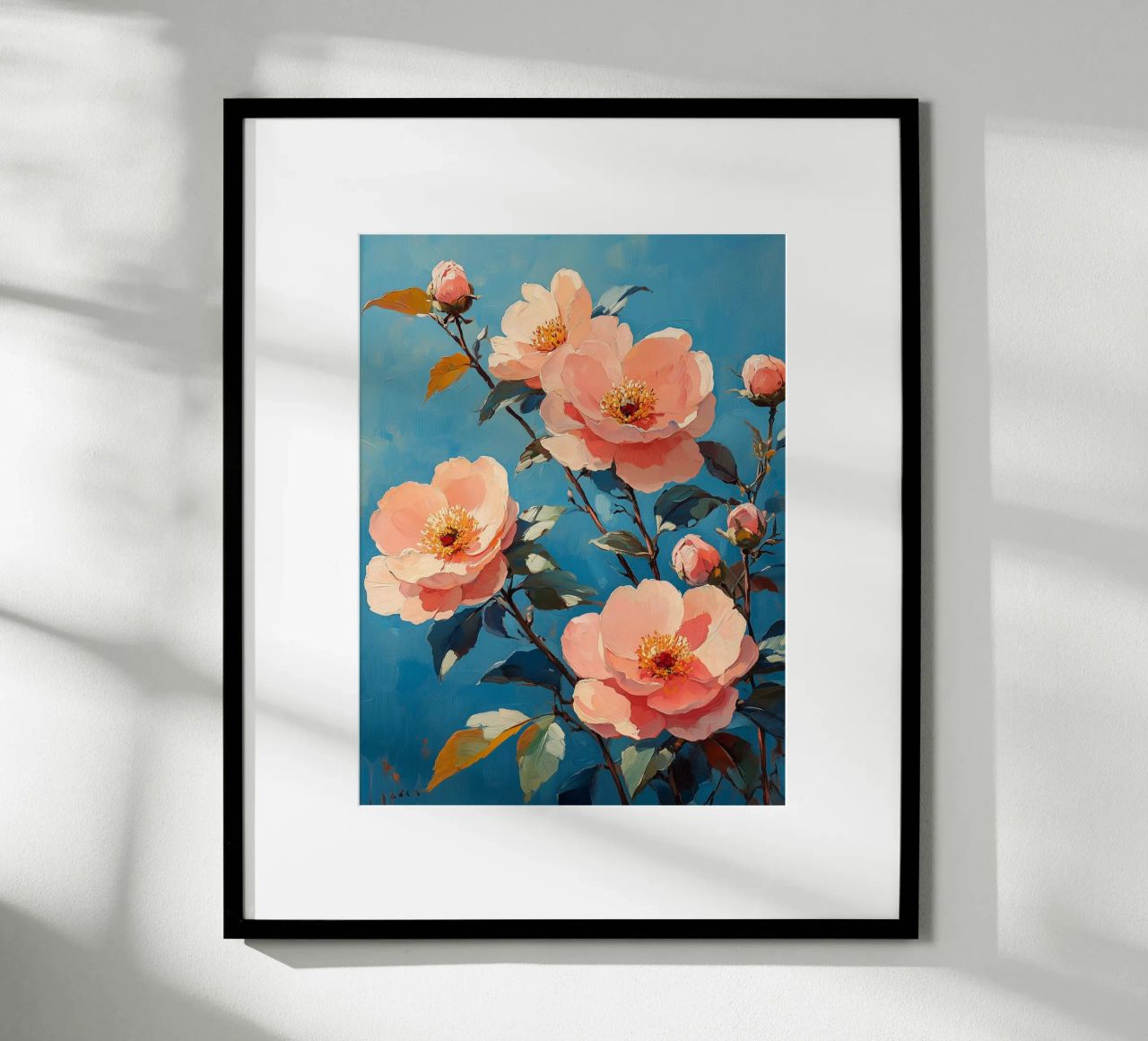 Flores rosas sobre fondo azul poster de Flora & Horizon
