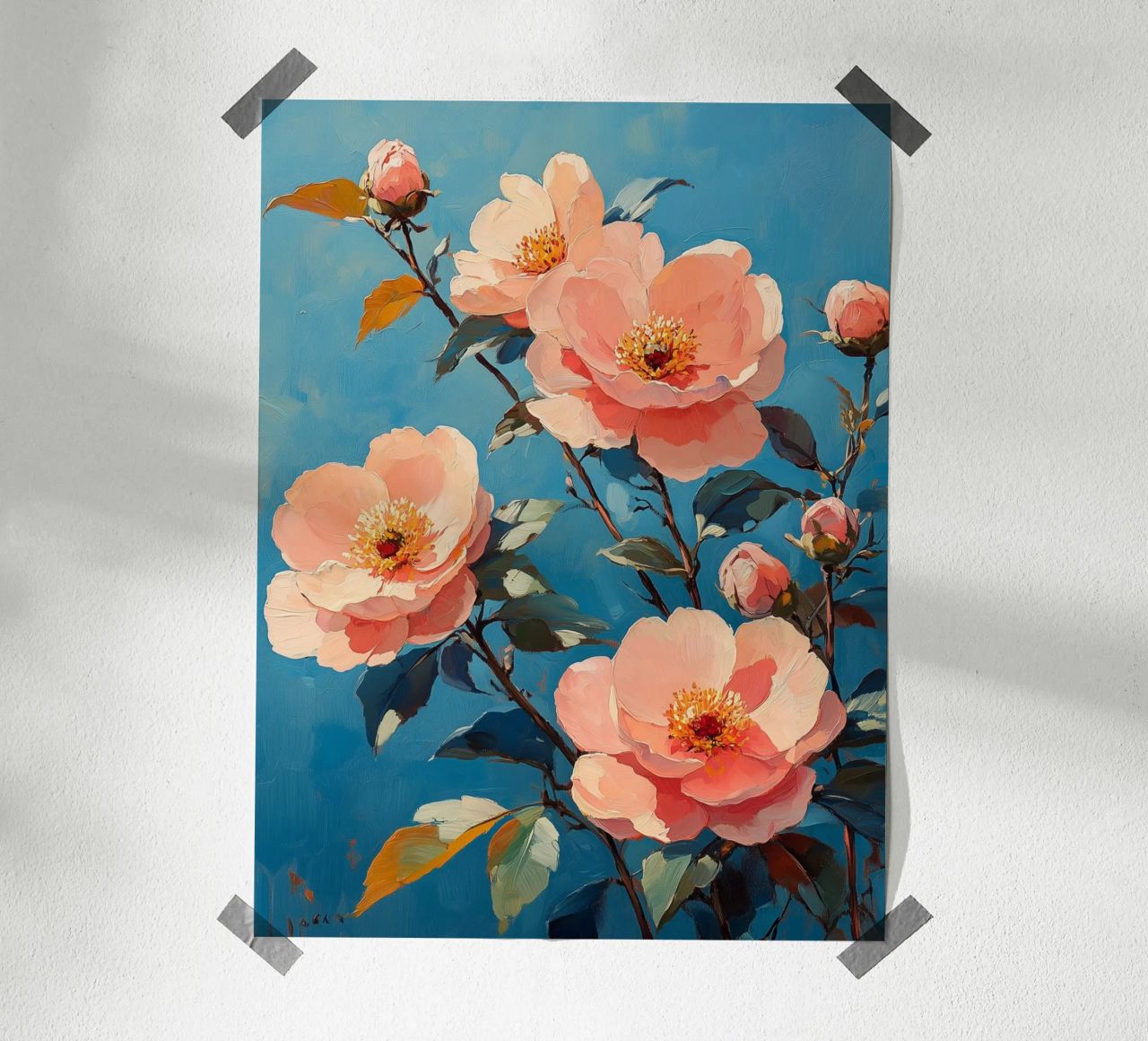 Flores rosas sobre fondo azul poster de Flora & Horizon