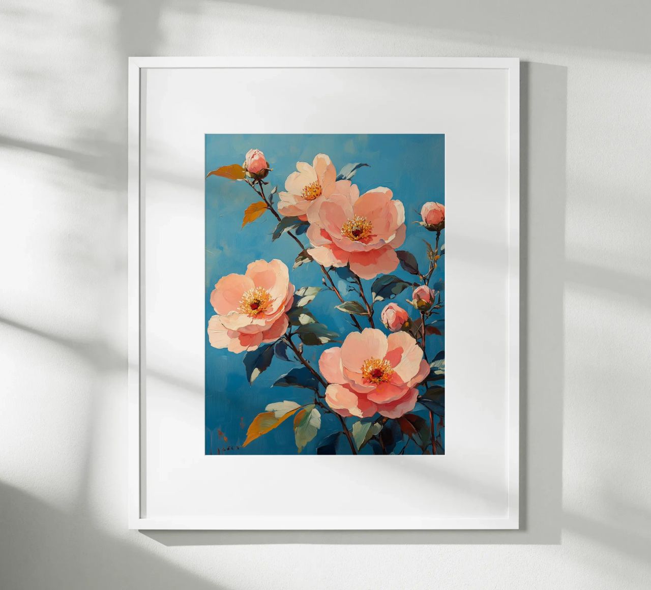 Flores rosas sobre fondo azul poster de Flora & Horizon