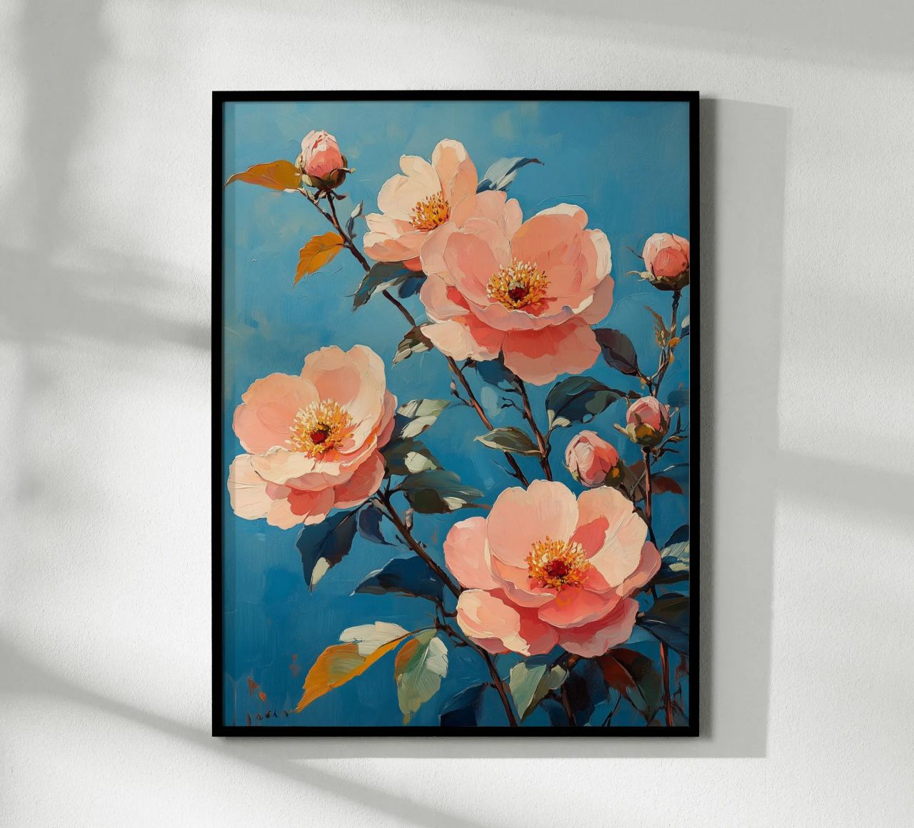 Flores rosas sobre fondo azul poster de Flora & Horizon