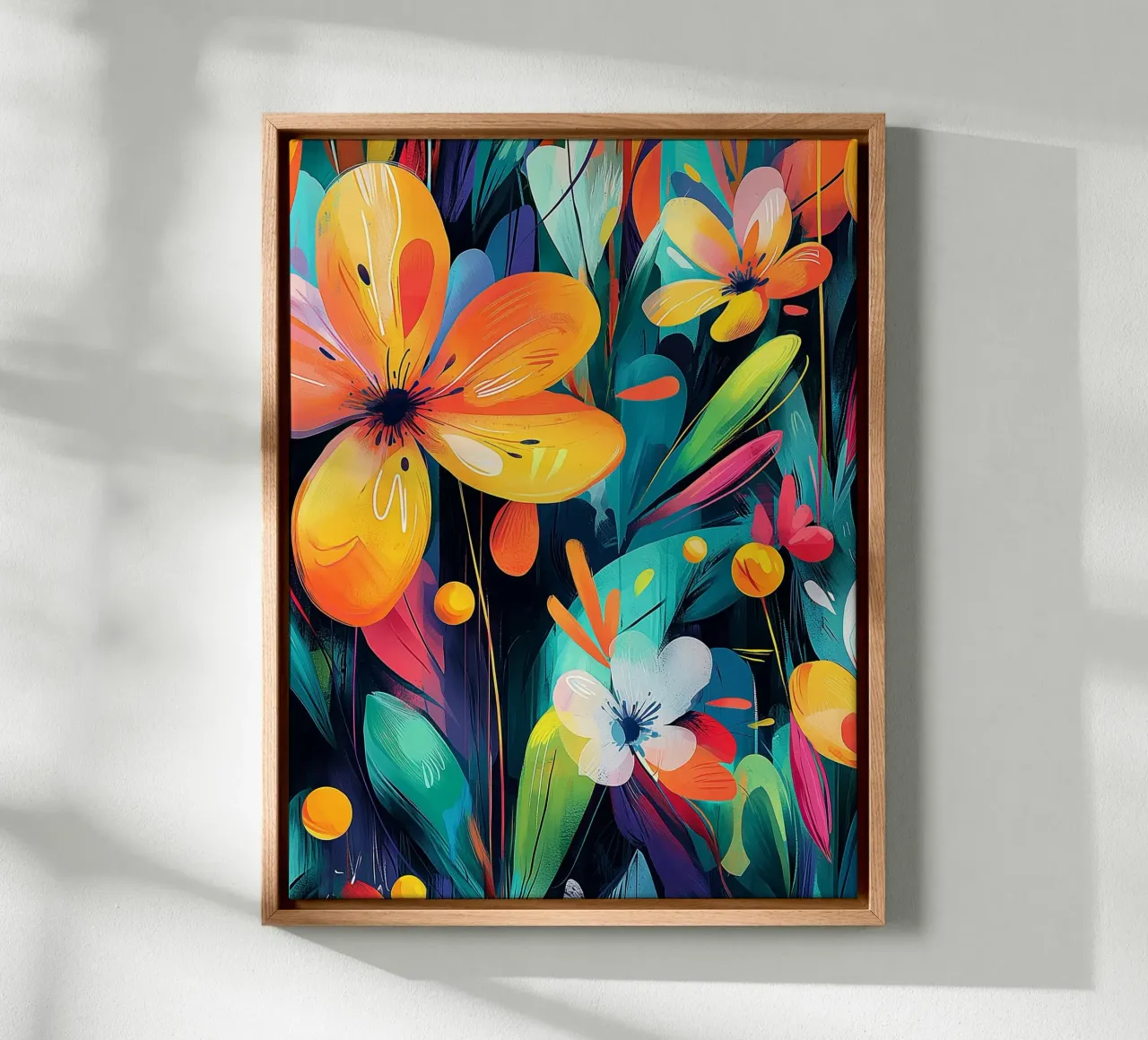 Abstracte bloemenexplosie canvas met Baklijst van Flora & Horizon