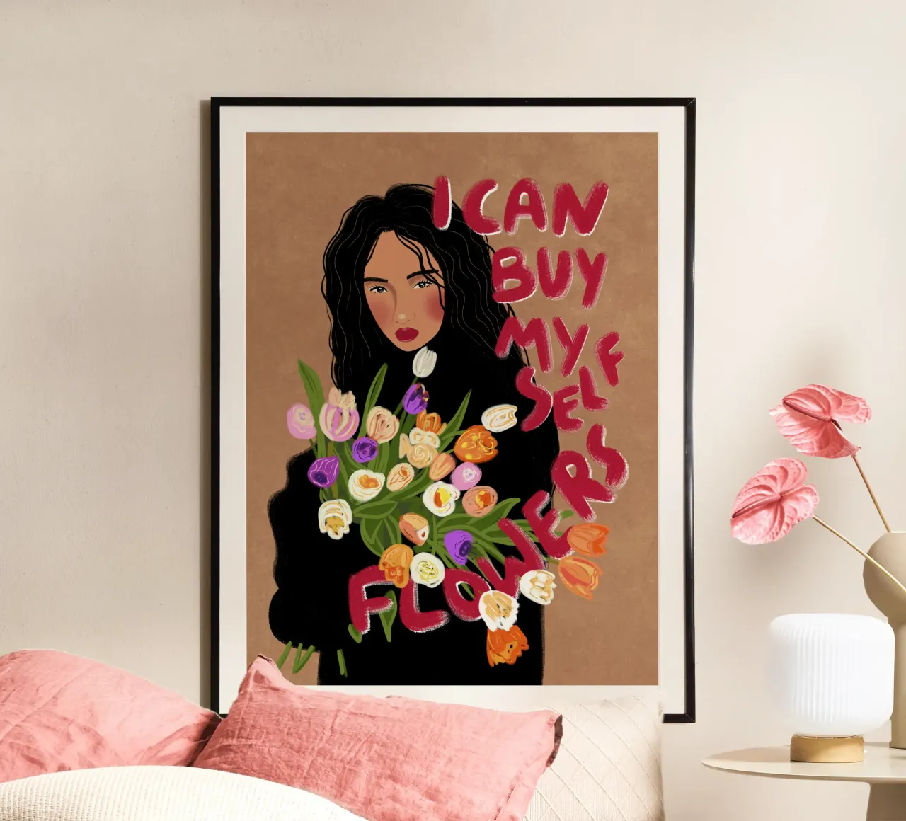 I can buy myself flowers poster with wooden frame by Illustration Raissa Oltmanns