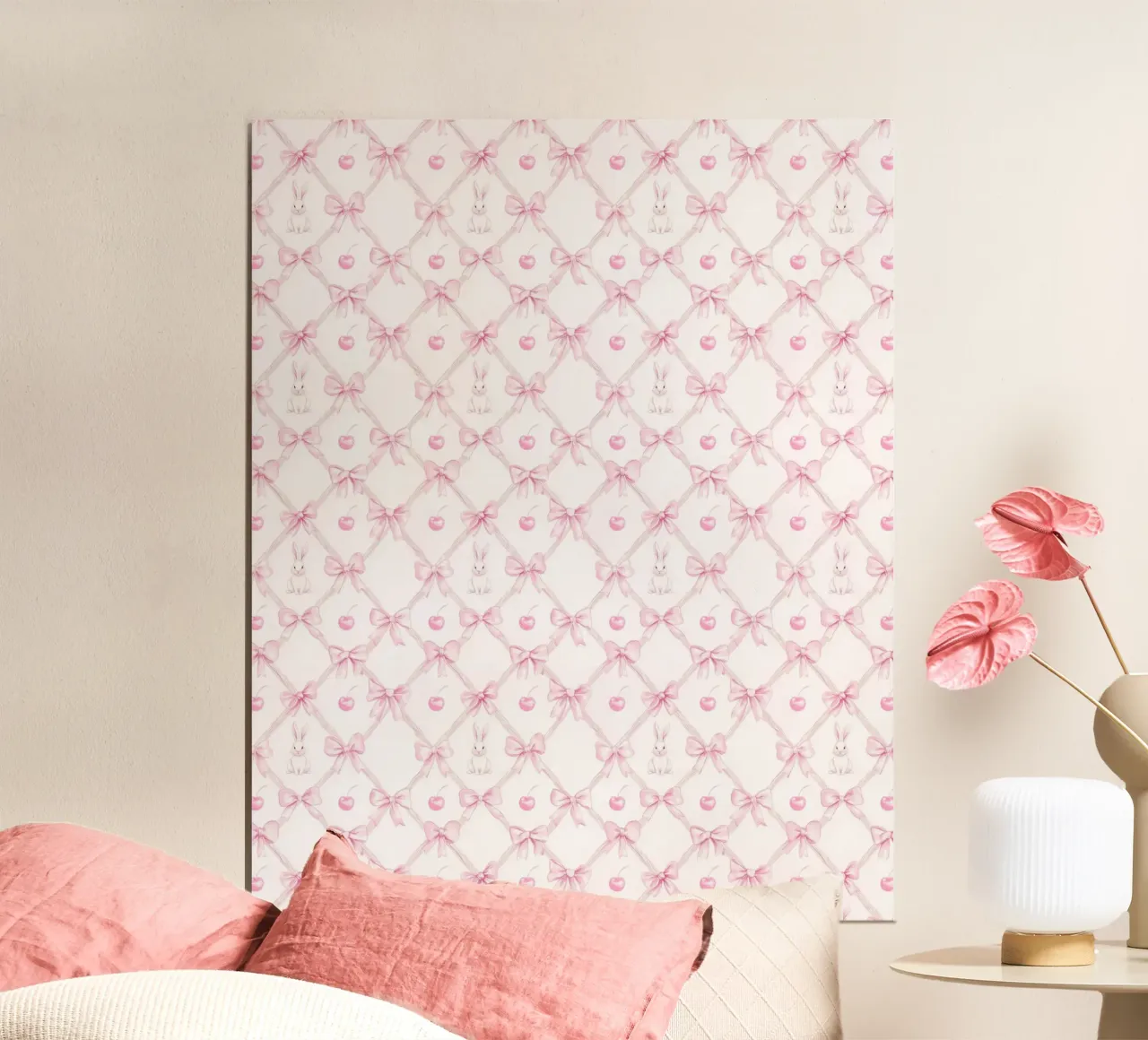 Coniglio Bianco Fiocchi Rosa Coniglio Pasquale Ciliegie Coquette Y2K poster con telaio in legno da Gentle Echoes Art