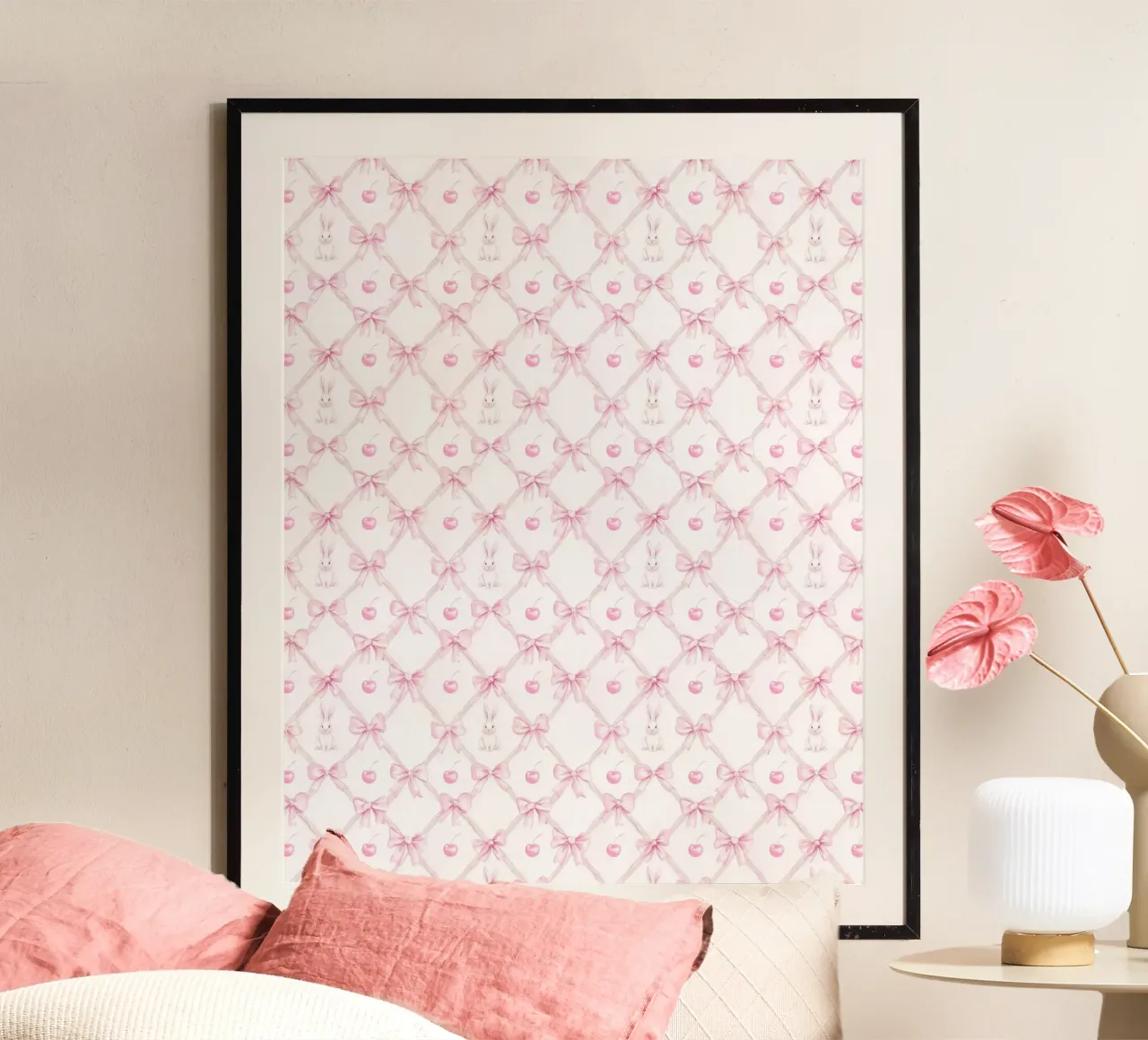 Coniglio Bianco Fiocchi Rosa Coniglio Pasquale Ciliegie Coquette Y2K poster con telaio in legno da Gentle Echoes Art