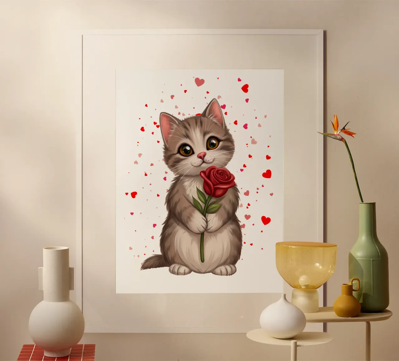Valentine Katze mit Rose - Niedliche Kätzchen Illustration Poster von flufftee