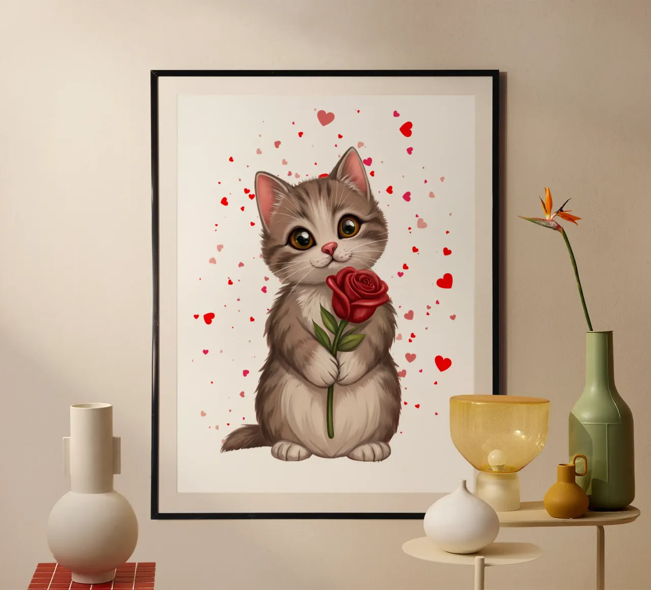 Valentine Katze mit Rose - Niedliche Kätzchen Illustration Poster von flufftee