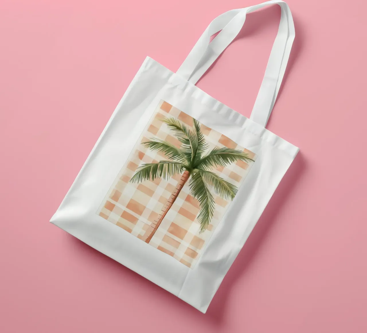 Palm tree on checked background tote bag by Flora & Horizon