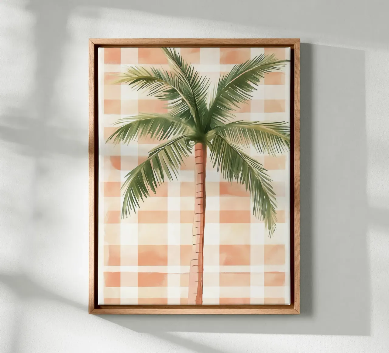 Palm tree on checked background canvas by Flora & Horizon