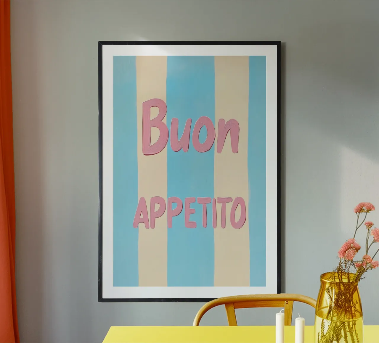 Buon Appetito Pastell Streifen poster con telaio in legno da Carinaprint