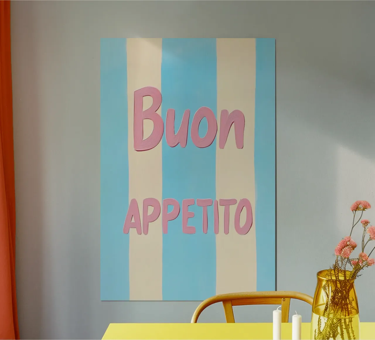 Buon Appetito Pastell Streifen poster con telaio in legno da Carinaprint