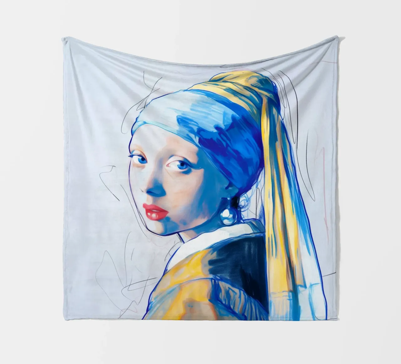 Girl with pearl earrings blue fleece blanket by Carinaprint