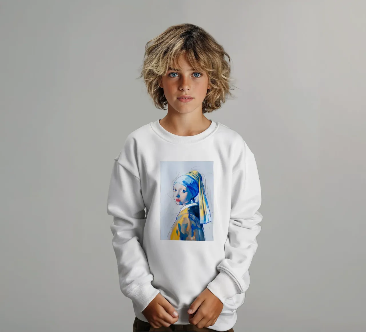 Girl with pearl earrings blue kids sweatshirt by Carinaprint