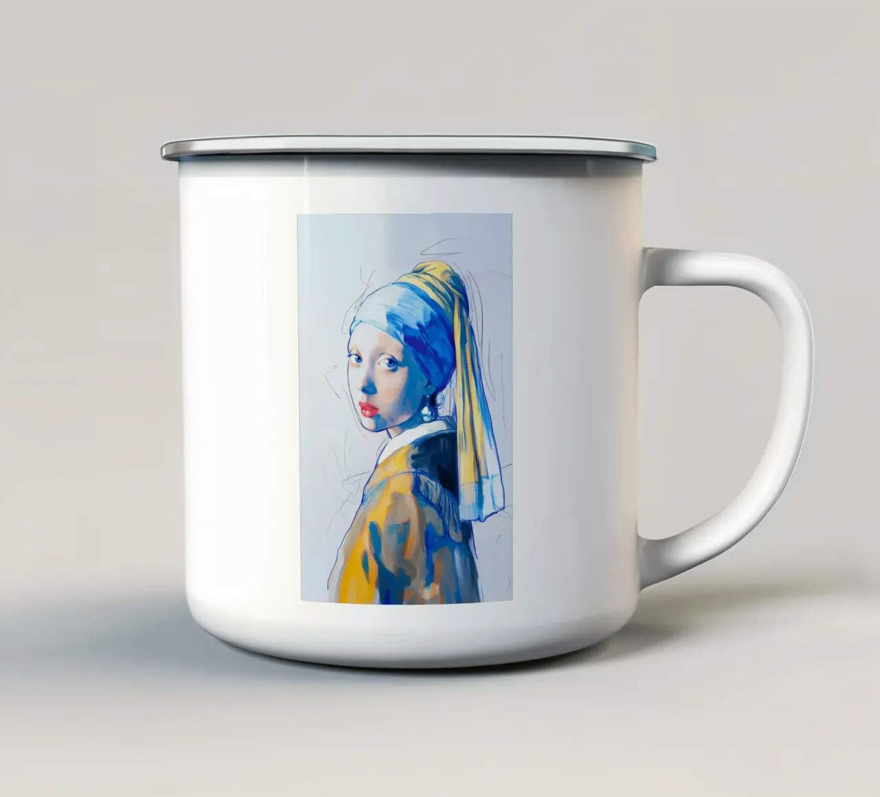 Ragazza con orecchini di perle blu tazza in smalto da Carinaprint