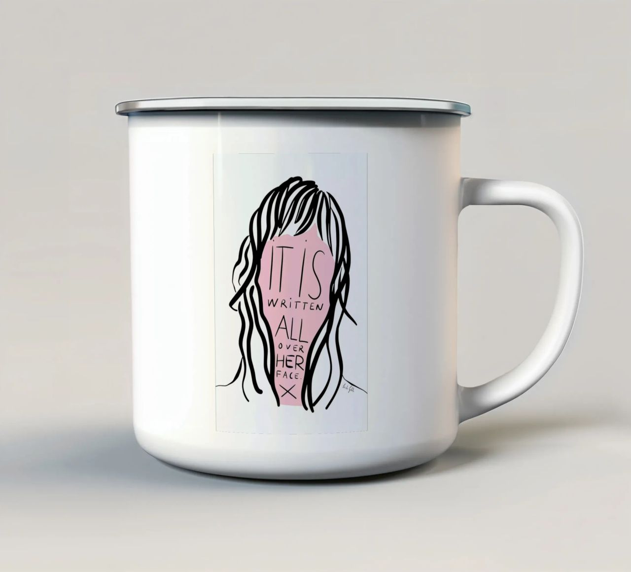 Writing on Her Face tazza in smalto da Linda Gobeta