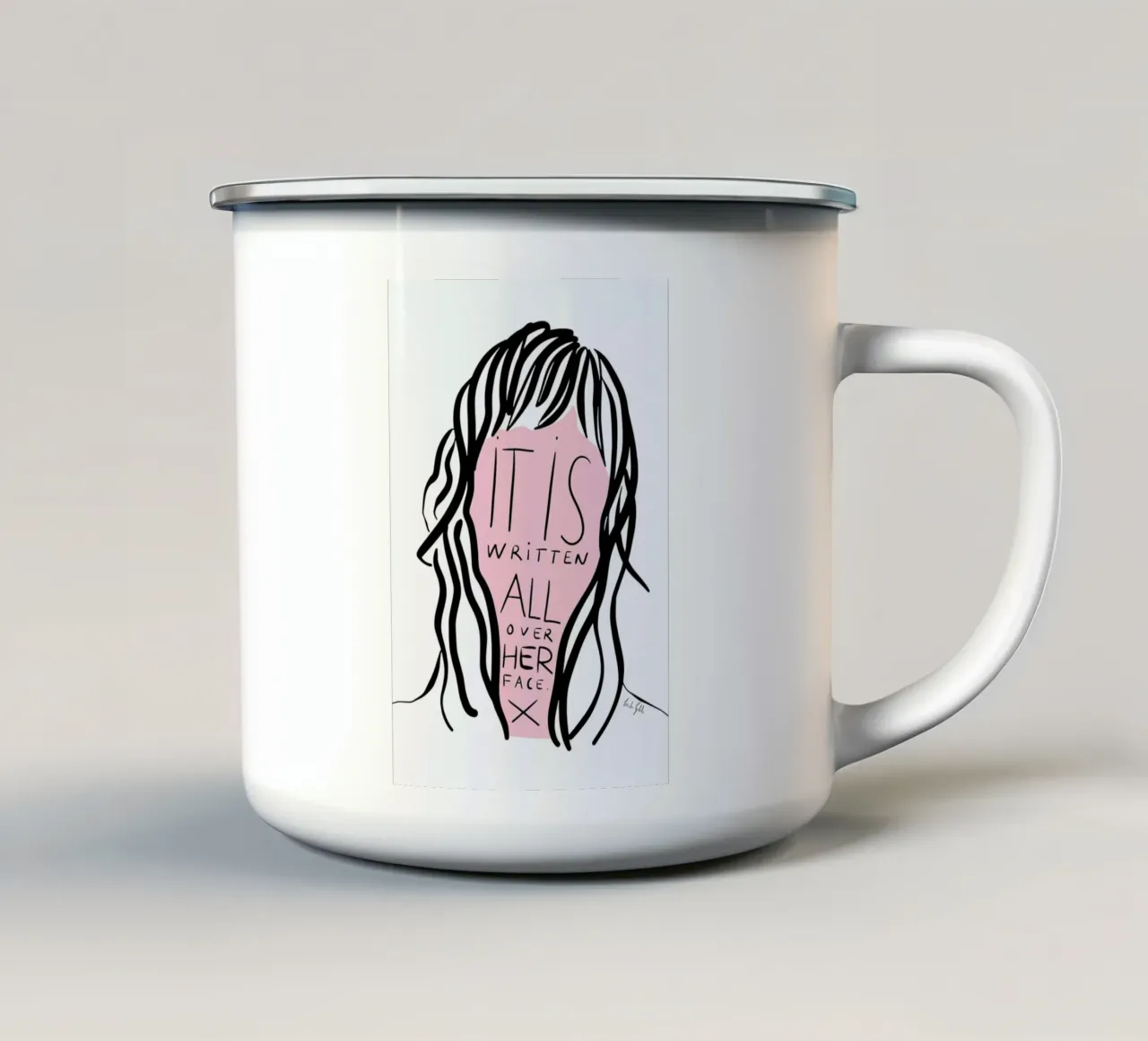 Writing on Her Face taza de esmalte de Linda Gobeta