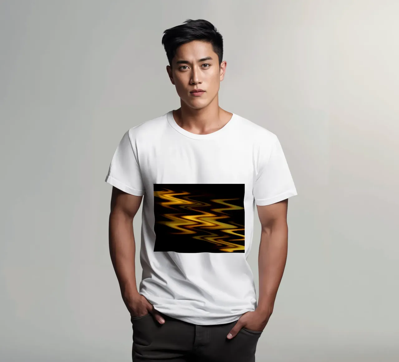 Abstract waves dynamic pattern in orange and yellow t-shirt by Something for you