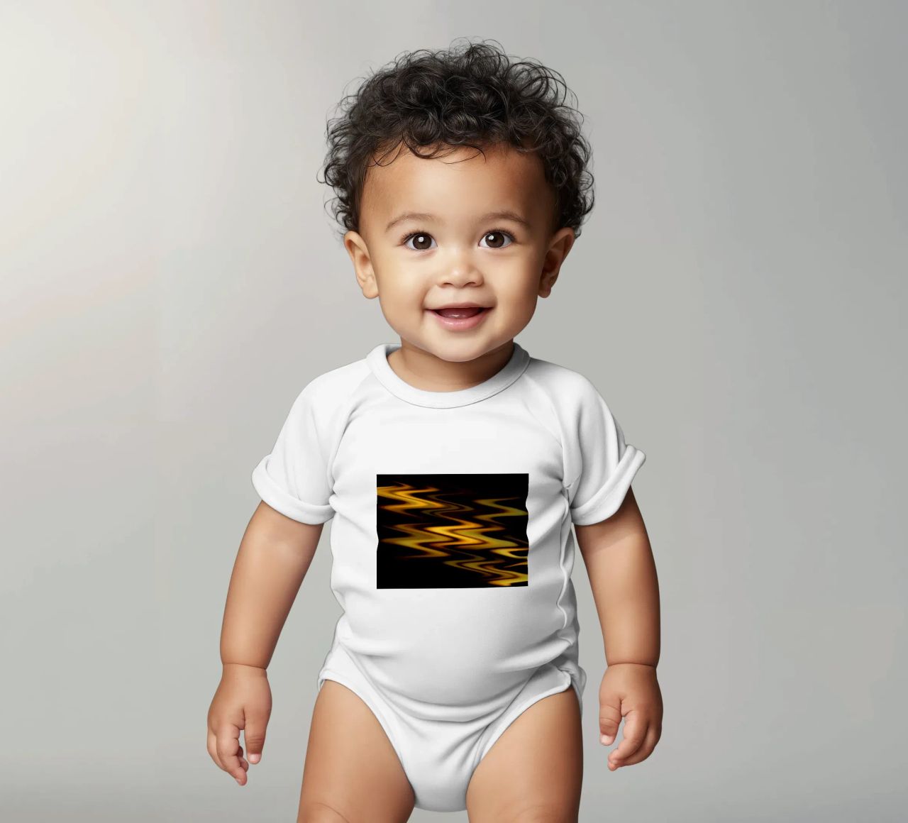 Abstract waves dynamic pattern in orange and yellow short-sleeve baby romper by Something for you