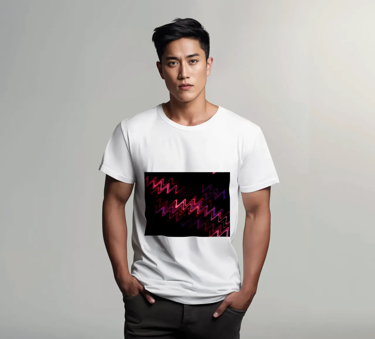 Abstract waves and a dynamic pattern in pink and purple t-shirt by Something for you