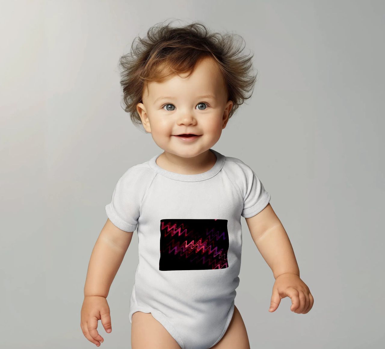 Abstract waves and a dynamic pattern in pink and purple short-sleeve baby romper by Something for you