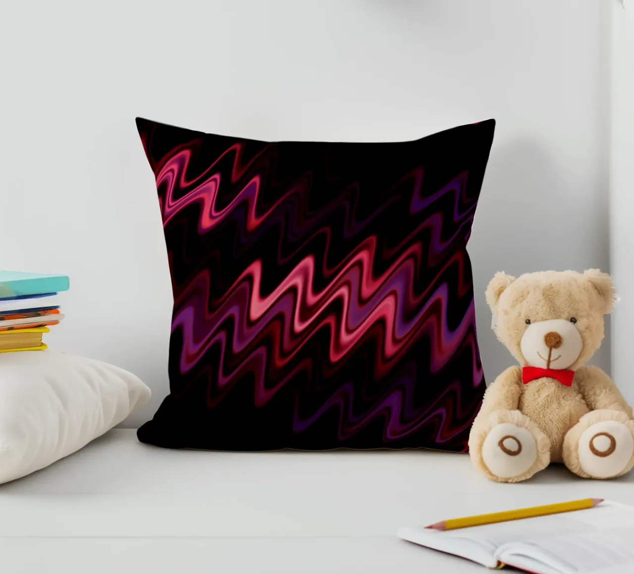 Abstract waves and a dynamic pattern in pink and purple decorative cushion by Something for you