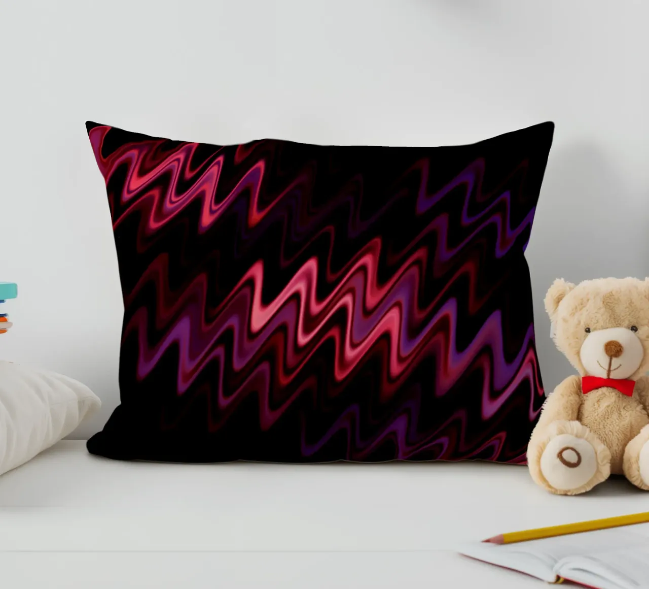 Abstract waves and a dynamic pattern in pink and purple decorative cushion by Something for you