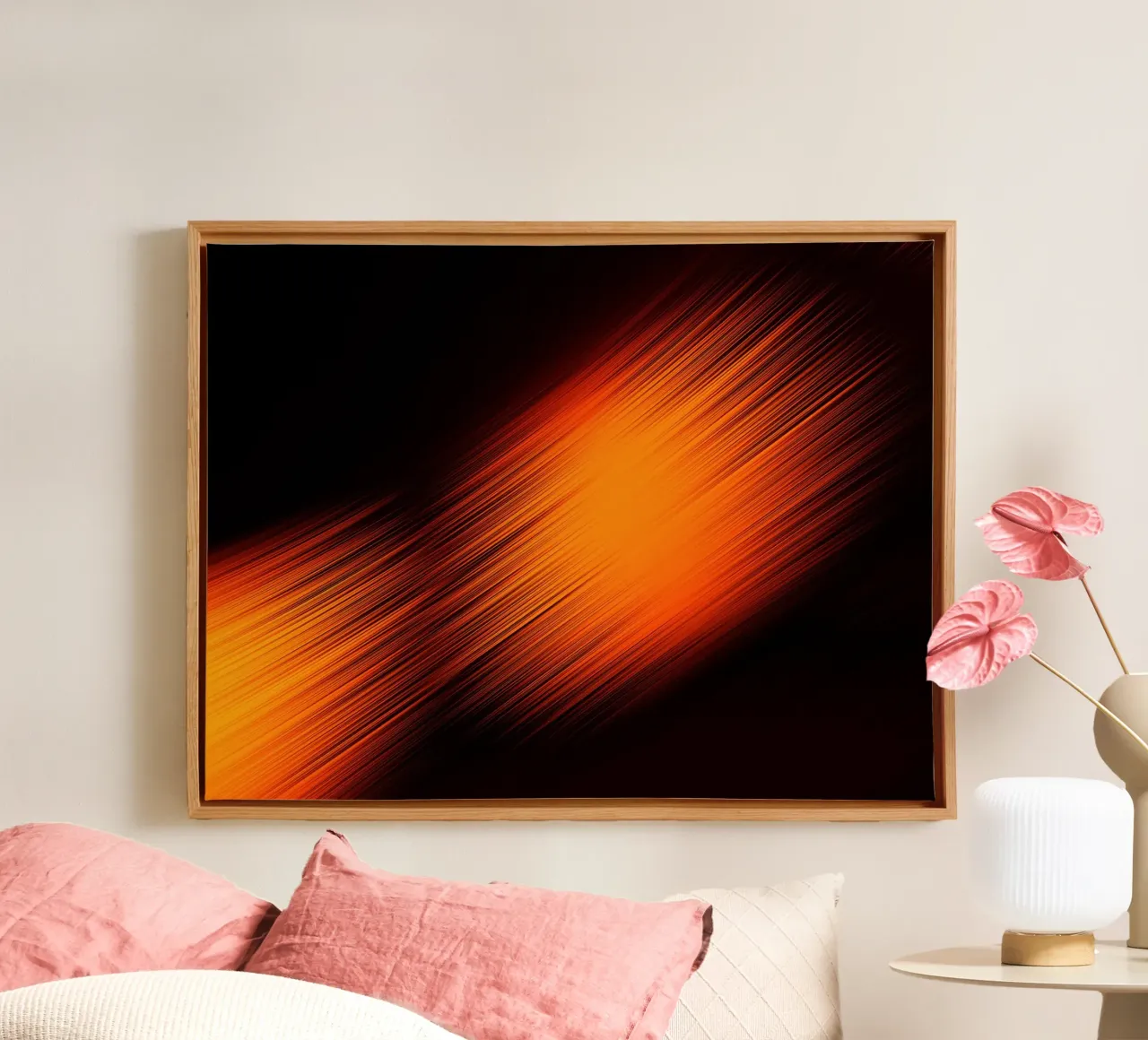 Abstrakte dynamische Linien in Orange und Rot canvas with Floater frame by Something for you