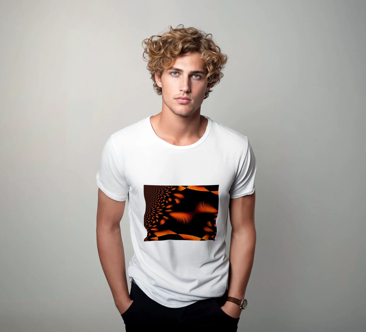 Abstract dynamic fractal pattern orange and black t-shirt by Something for you