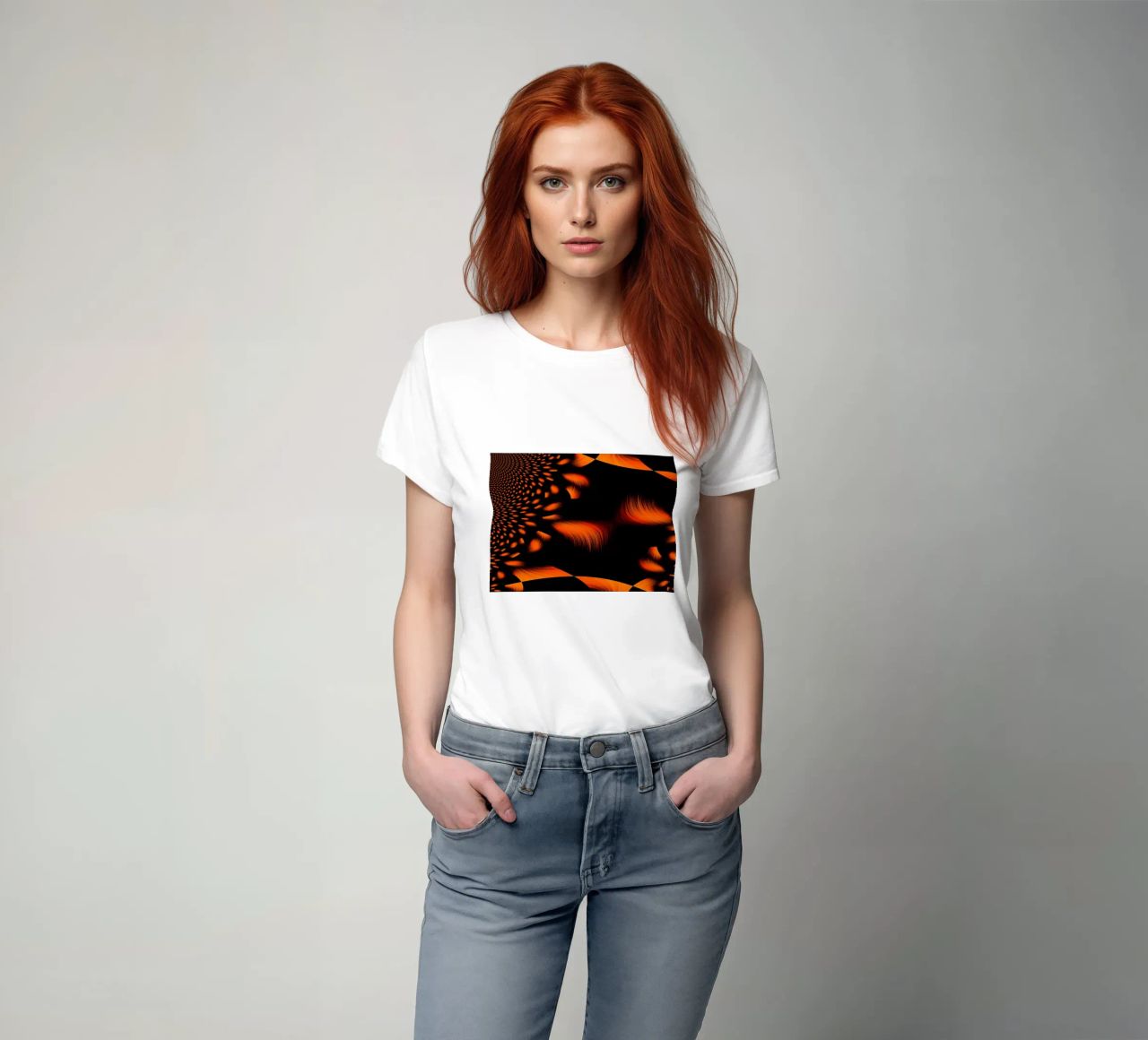 Abstract dynamic fractal pattern orange and black t-shirt by Something for you