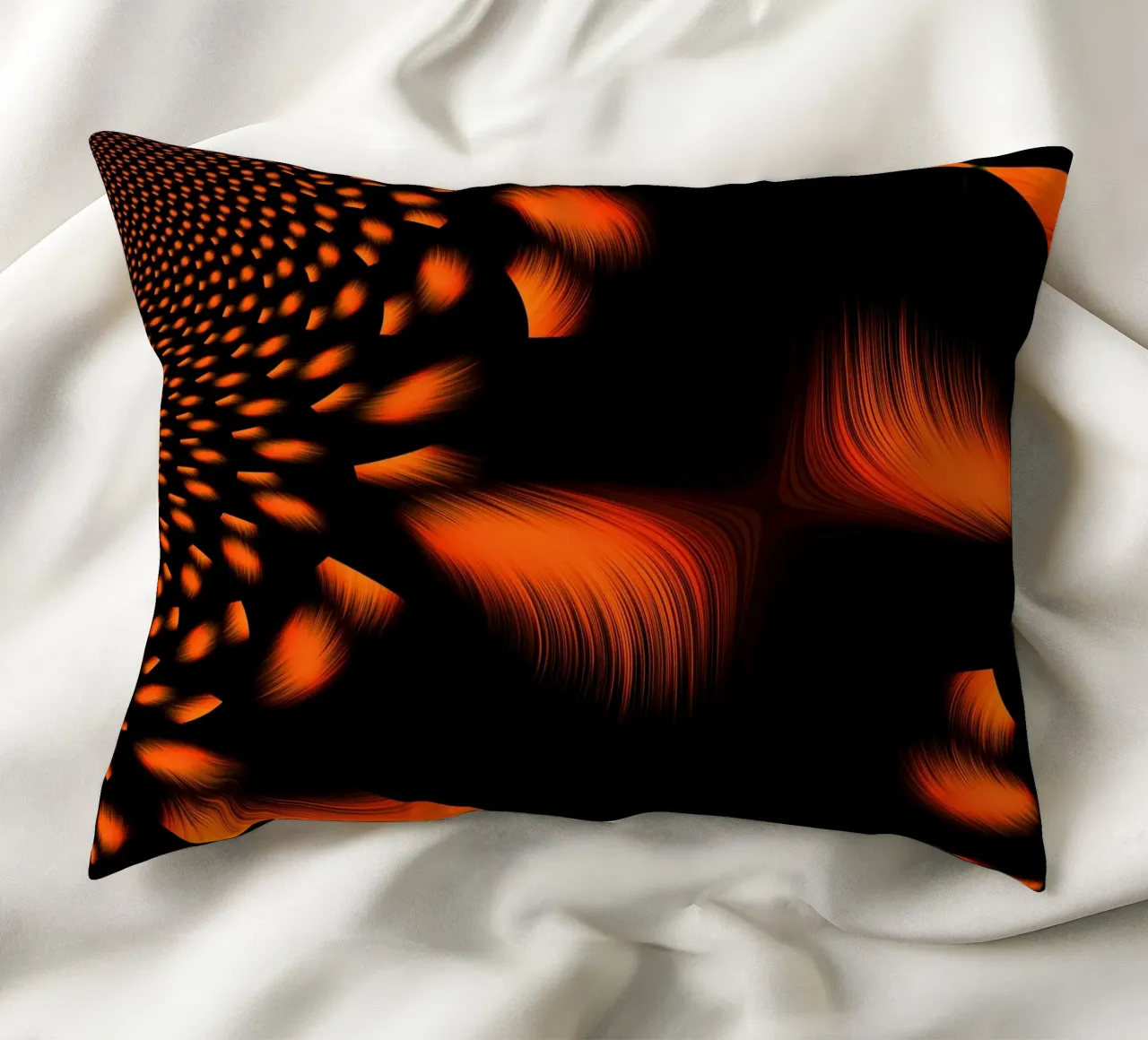 Abstract dynamic fractal pattern orange and black decorative cushion by Something for you