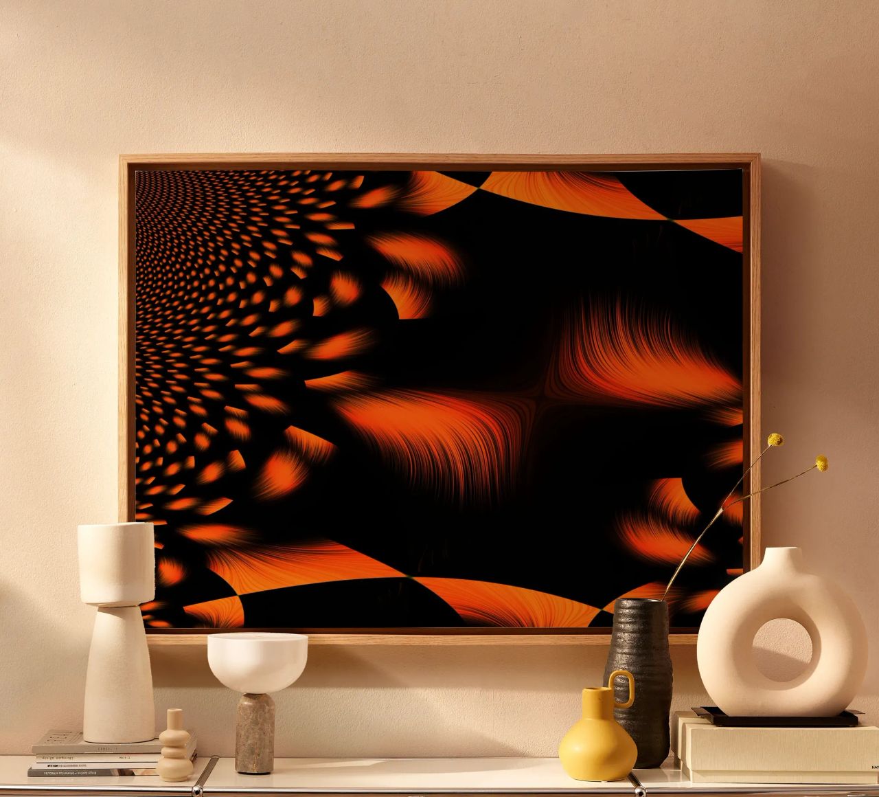 Abstract dynamic fractal pattern orange and black canvas by Something for you