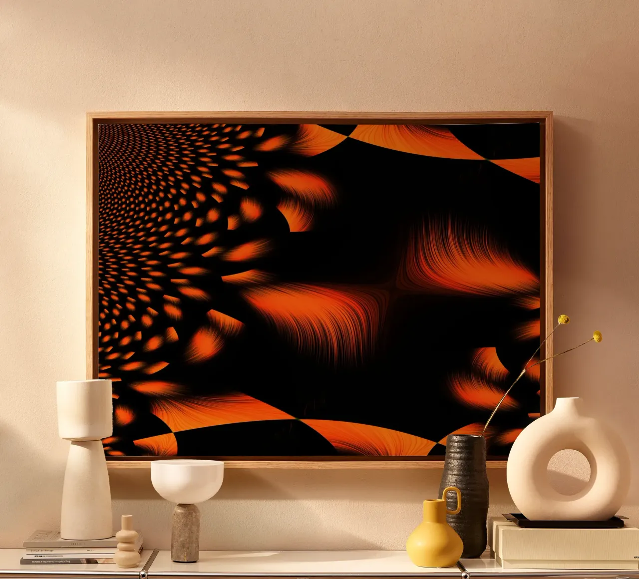 Abstract dynamic fractal pattern orange and black canvas with Floater frame by Something for you