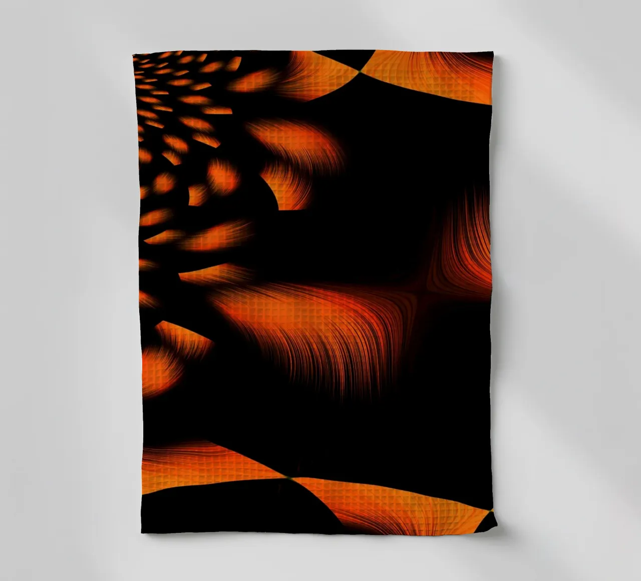 Abstract dynamic fractal pattern orange and black tea towel by Something for you