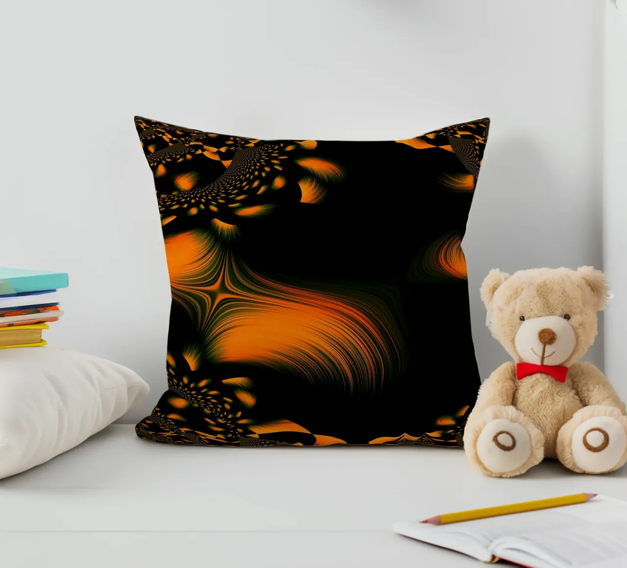 Abstract dynamic pattern, fractal movements orange decorative cushion by Something for you