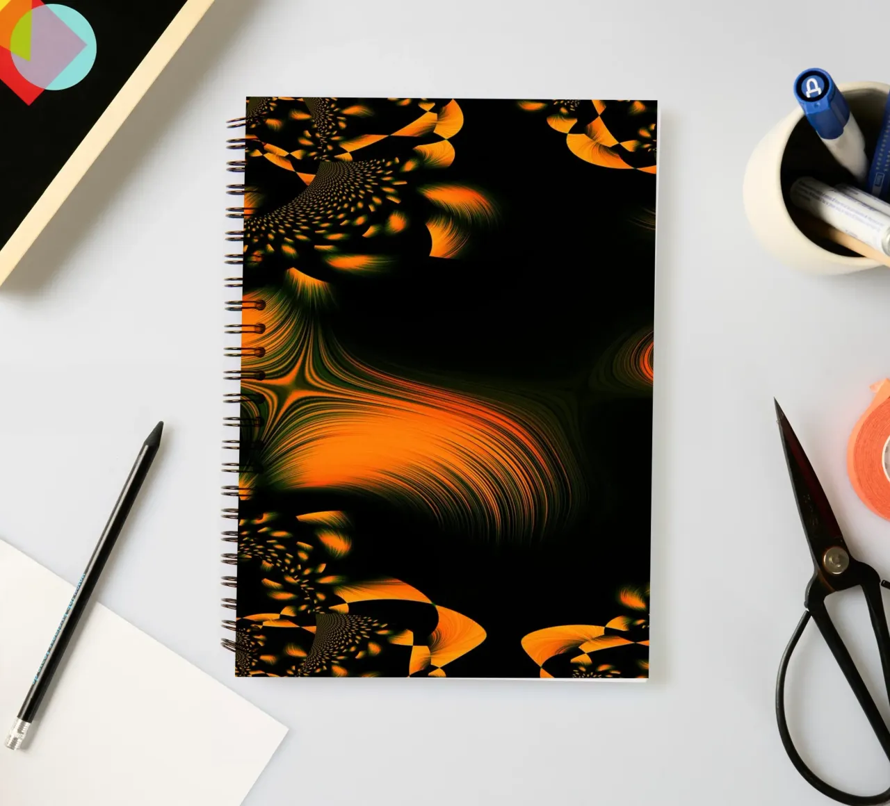 Abstract dynamic pattern, fractal movements orange spiral notebook by Something for you