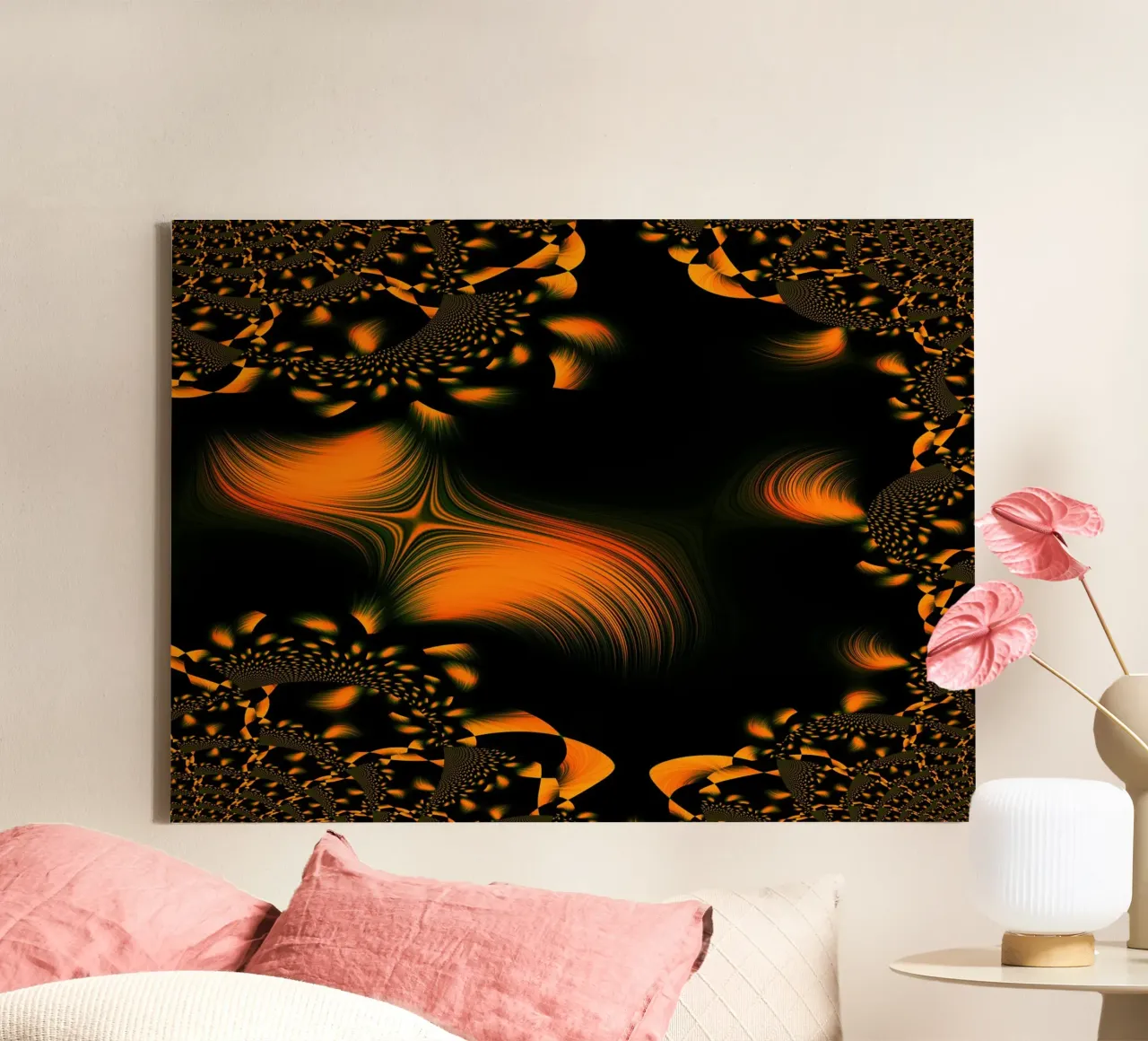 Abstract dynamic pattern, fractal movements orange canvas with Floater frame by Something for you
