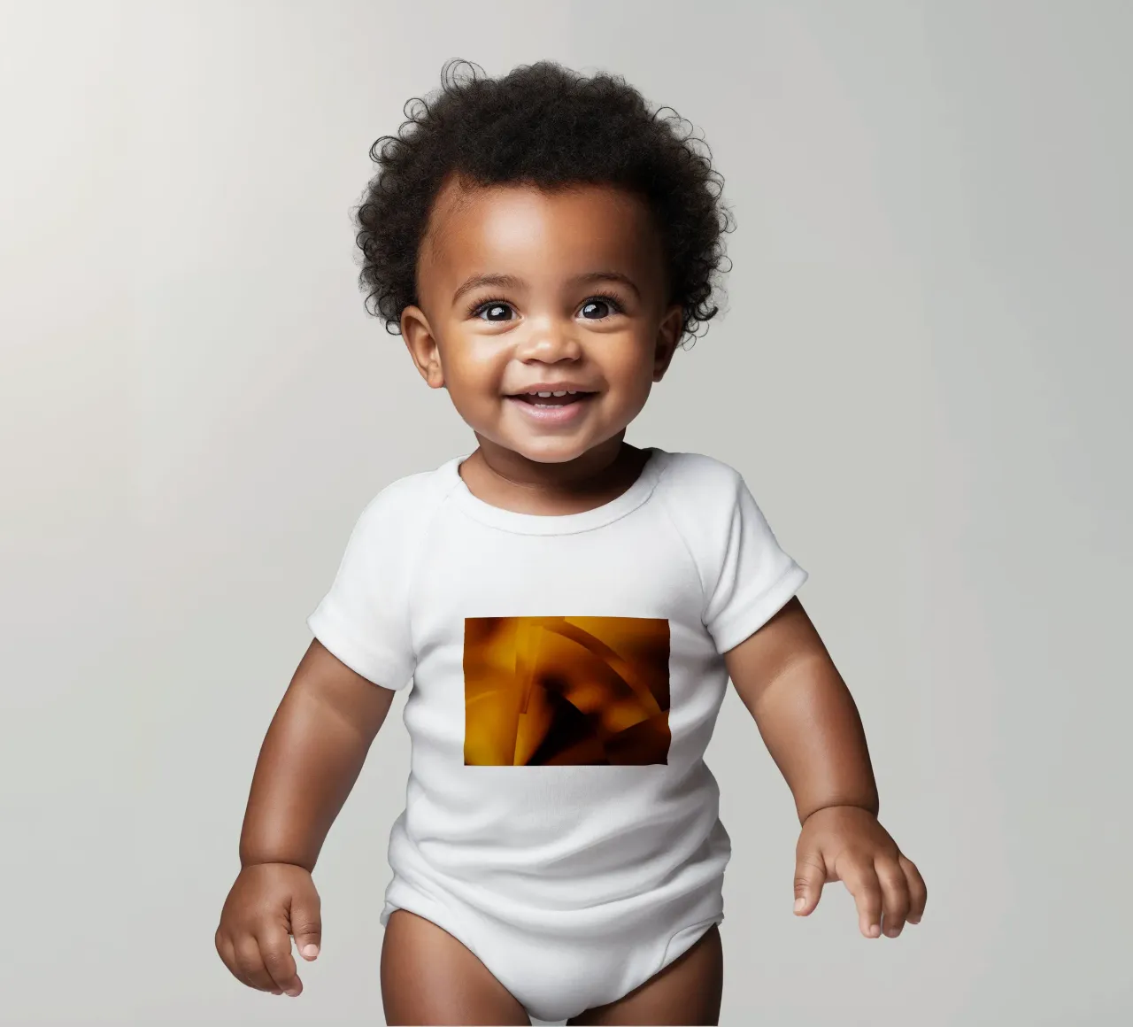 Geometric abstract patterns in orange and yellow short-sleeve baby romper by Something for you