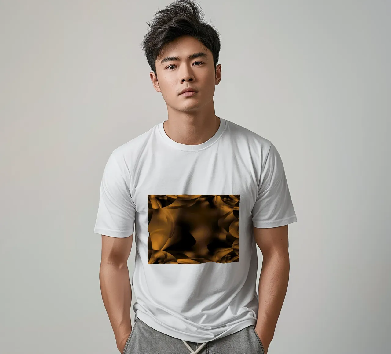 Abstract dynamic fractal patterns in brown and black t-shirt by Something for you