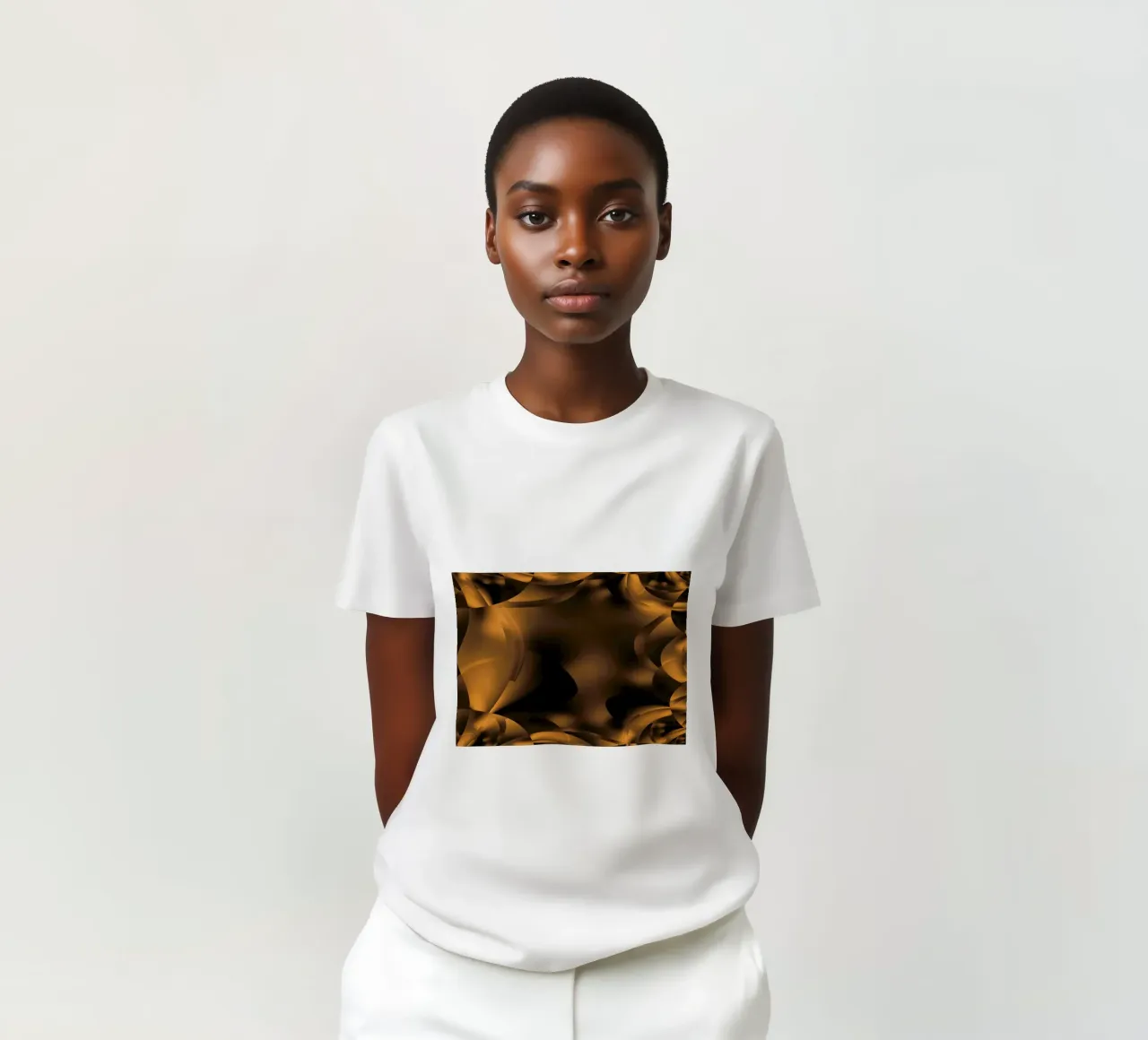 Abstract dynamic fractal patterns in brown and black t-shirt by Something for you