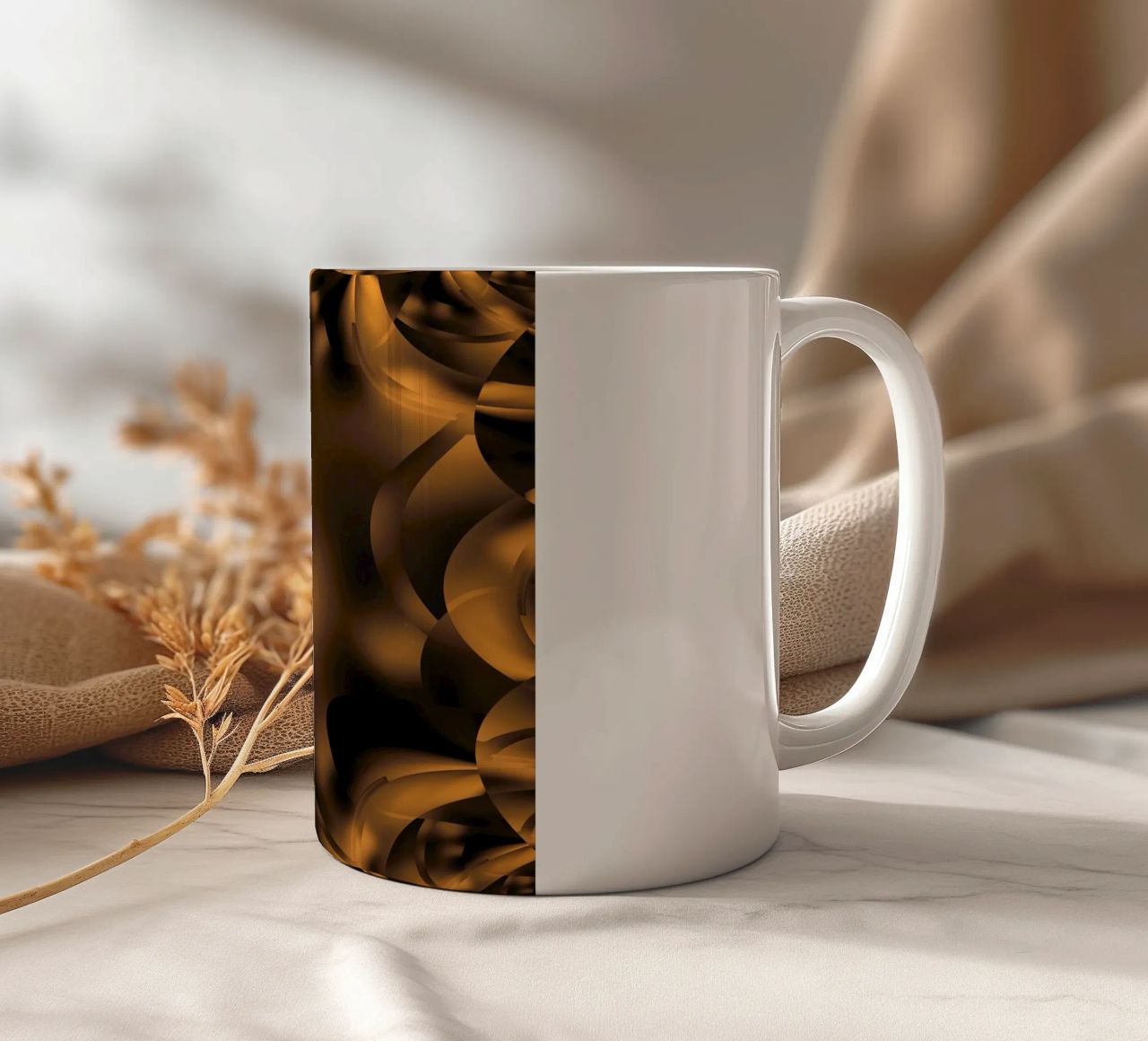Abstract dynamic fractal patterns in brown and black ceramic mug by Something for you